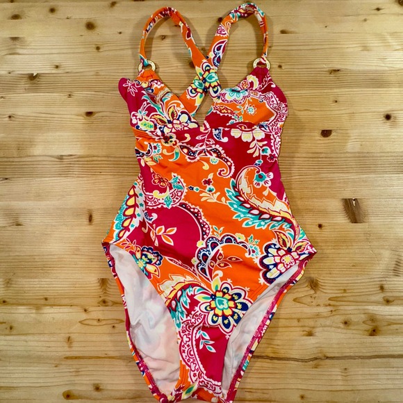 Ralph Lauren Paisley One Piece‎ Swimsuit Criss Cross Halter Ring Detail Size 6 - Picture 1 of 6